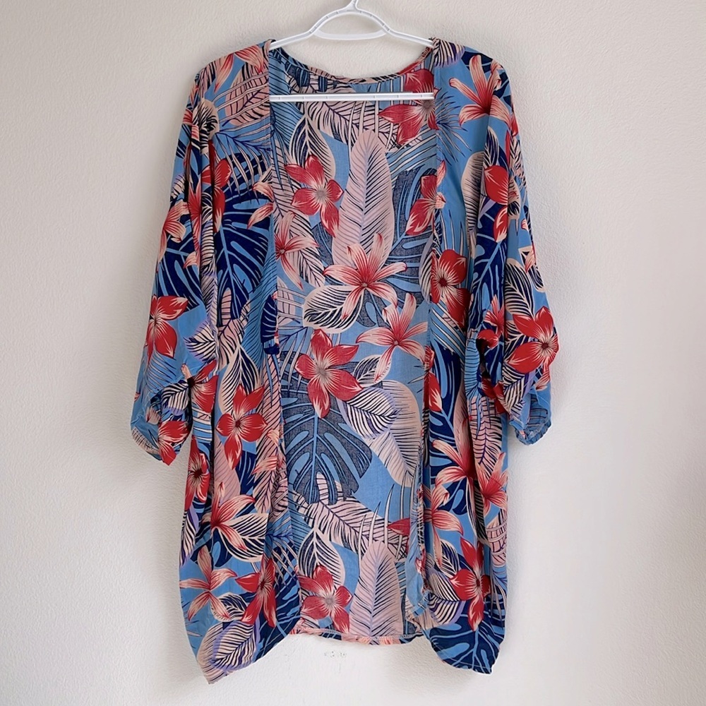 Red Blue Cotton Tropical Floral Print Short Kimono Beach Bikini Cover Up